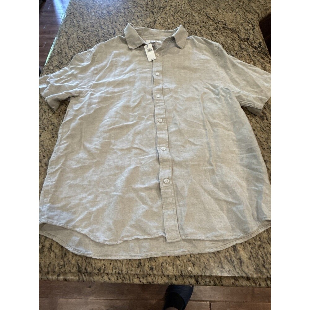 Banana Republic Linen Blend Shirt Mens L Khaki Tan Short Sleeve Button Up Resort